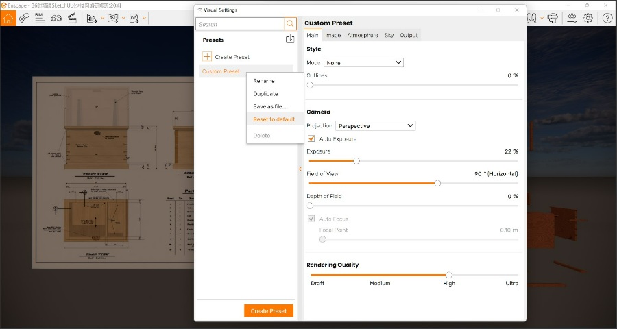 Enscape恩斯凯普新版本渲染器参数调乱了，如何将参数重置为默认的预设？